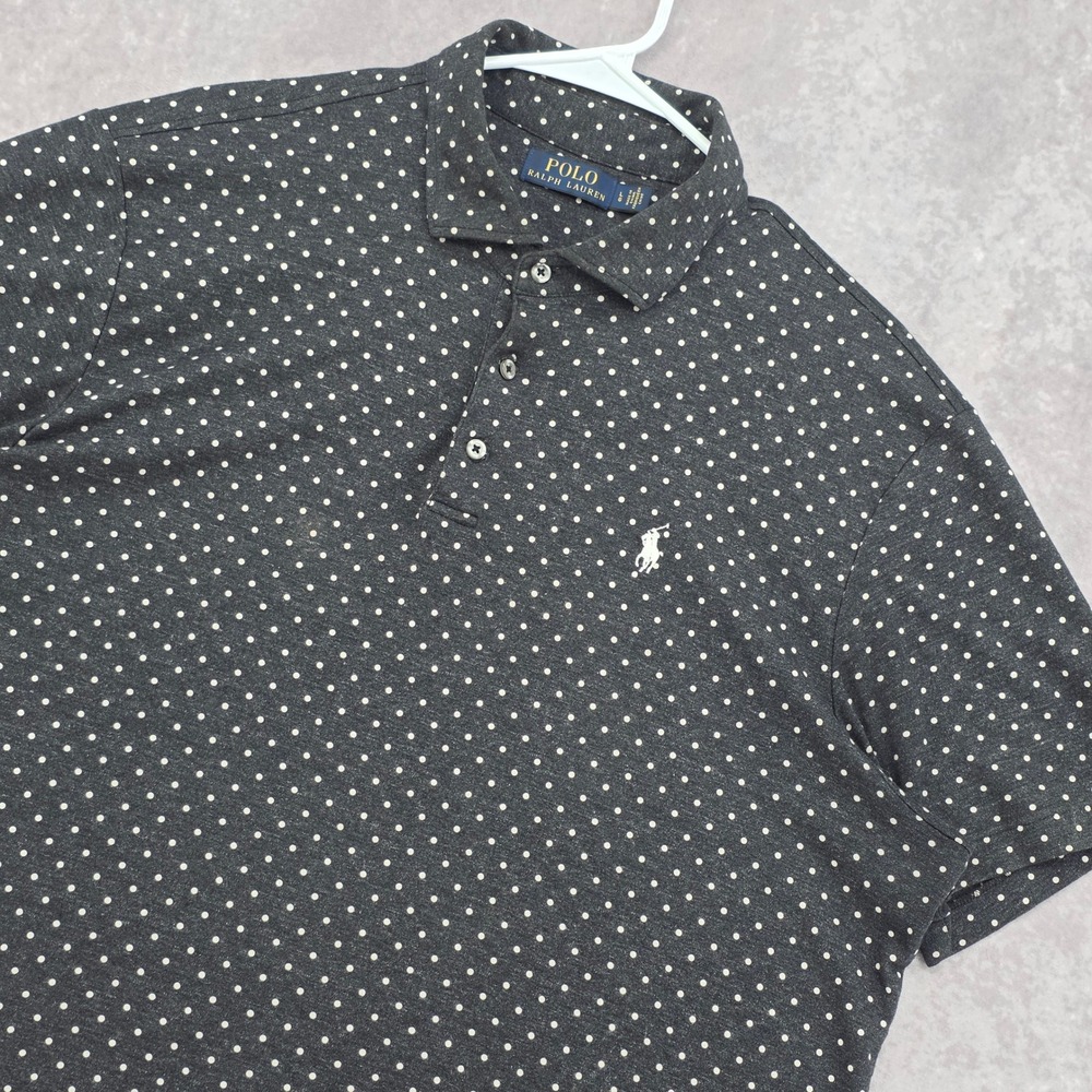 Polo Ralph Lauren Mens Large Gray Polka Dot Short Sleeve Polo Shirt White Pony